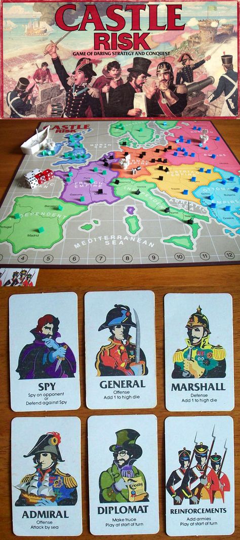 Each player starts out with one castle on the game board. Your objective is to capture all your opponents' castles, so that you are the last player remaining in the game. This game in the Risk family of games is markedly different than the original Risk. The combat mechanism is the same but players receive armies at the end of the turn, not the beginning (the sole exception being playing a Reinforcements card). Risk Game Board, Risk Board Game, Risk Game, Risk Games, Fantasy Board Games, Adventure Quest, Game Storage, Board Game Design, Games Box