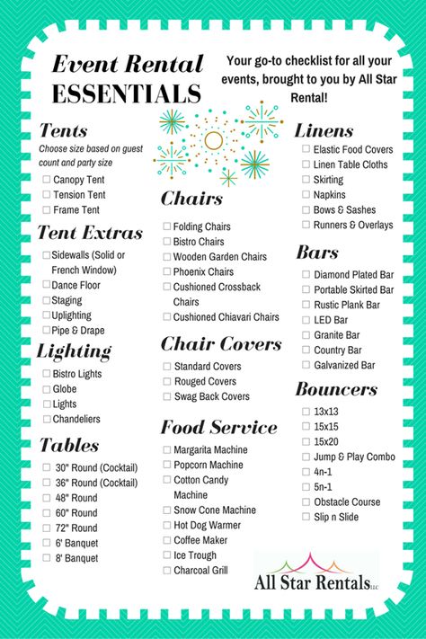 Worried about forgetting something for your upcoming event? All Star Rental has your back! Check out our new Rental Essential Checklist to make sure you have everything to make your event a hit! Find even more great products at AllStarRentals.net! Event Planning Organization Ideas, Rental Checklist, Event Space Business, Event Planning Board, Event Venue Business, Party Rental Ideas, Event Rental Business, Party Rentals Business, Event Space Design