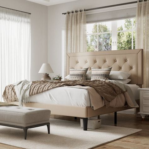 Hegg Tufted Upholstered Platform Bed Platform Bed Wood, Fabric Upholstered Bed, Tufted Platform Bed, Tufted Upholstered Bed, Design Your Bedroom, Storage Platform, Beige Bedroom, Wingback Headboard, Standard Bed