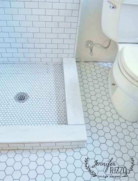 Hexagon Shower Floor, White Beveled Subway Tile, Matte Tiles, White Subway Tile Kitchen, White Subway Tile Bathroom, Beveled Subway Tile, Tub Remodel, Subway Tile Showers, Tiny Bath