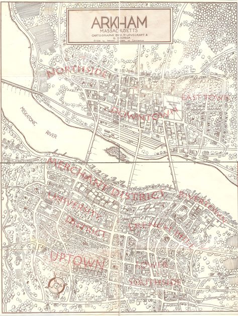 A map of Arkham, Mass, USA Arkham Massachusetts, Lovecraft Monsters, Miskatonic University, Arkham Horror, Call Of Cthulhu Rpg, Lovecraft Cthulhu, Massachusetts Map, Weird Fiction, Lovecraftian Horror