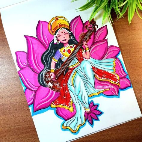 Saraswati Mata Drawing Easy, Saraswati Goddess Paintings Easy, Cute Saraswati Goddess, Saraswati Goddess Paintings Sketch, Saraswati Goddess Drawing, Saraswati Drawing Easy, Maa Saraswati Painting, Saraswati Mata Drawing, Saraswati Goddess Paintings