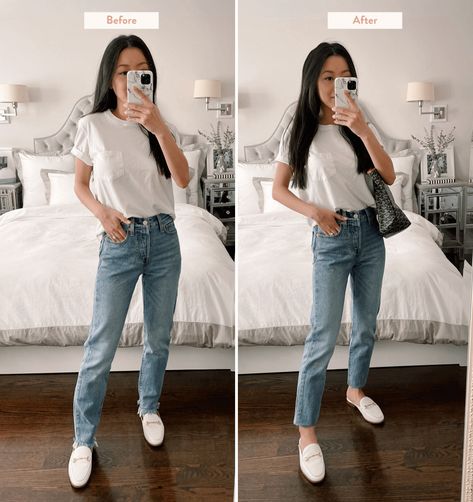 Raw Hem Jeans Diy, Raw Hem Jeans Outfit, Frayed Jeans Outfit, Straight Cut Jeans Outfit, Ankle Jeans Outfit, Straight Jeans Outfit, Straight Leg Jeans Outfits, Straight Cut Pants, Mom Jeans Outfit