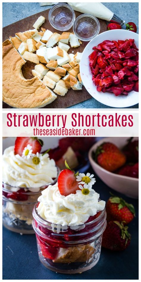 Strawberry Foods For Party, Mason Jar Strawberry Shortcake, Desserts In Mason Jars Ideas, Backyard Barbecue Party Food, Strawberry Shortcake Jars, Angel Food Cake Mini Desserts, Strawberry Shortcake Pudding Cups, Strawberry Shortcake With Angel Food Cake, Angel Food Cake Cups