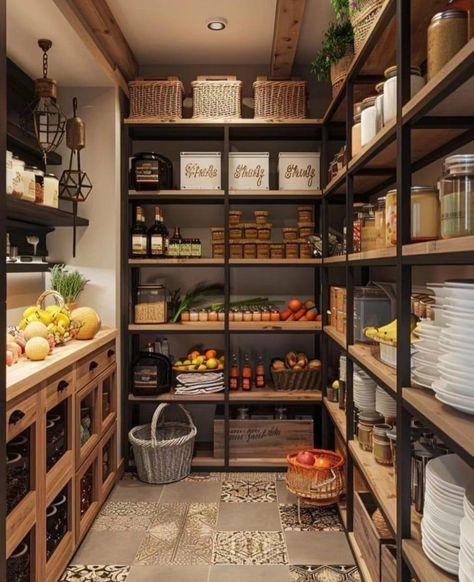 Walk In Closet Pantry, Beautiful Pantries Walk In, Long Pantry Design, Galley Pantry Ideas, Movable Pantry, Farmhouse Kitchen Pantry Ideas, Beautiful Pantry Ideas, Walkin Pantry Layout, Basement Pantry Storage