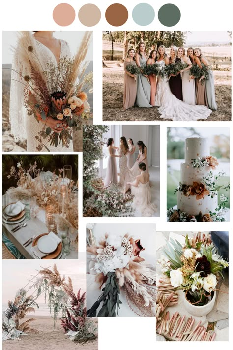 Emerald Taupe Peach Wedding, Colors That Go Well With Champagne, Sage Green Blush Beige Wedding, Natural Wedding Palette, Moss Green And Taupe Wedding, Spring Wedding Rustic Colors, Brown And Peach Wedding, Eucalyptus Wedding Palette, Boho Wedding Color Schemes Summer