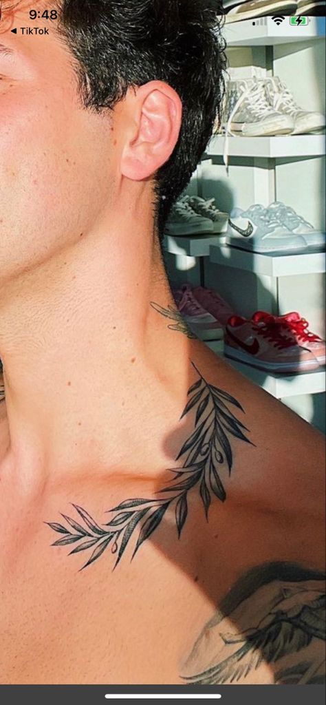 Neck Vine Tattoos Men, Leaves Around Neck Tattoo Men, Olive Branch Tattoo Mens Neck, Roman Laurel Tattoo, Botanical Chest Tattoo Men, Vine Tattoos Neck, Vines Neck Tattoo, Ivy Tattoo Men, Colorbone Tattoos Ideas