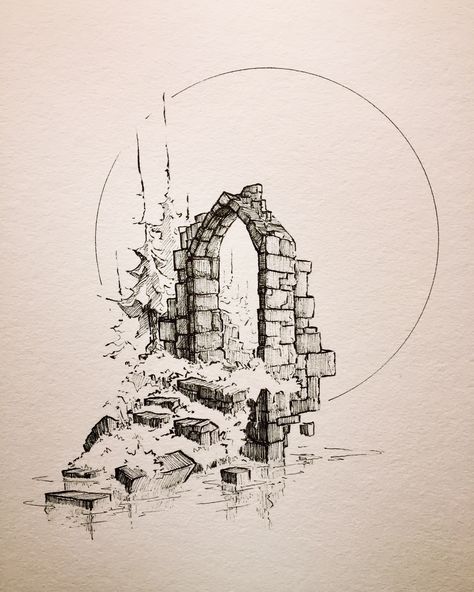 Fantasy Ink Illustration, Ink Drawing Inspiration, Overgrown Aesthetic Drawing, Ruins Drawing Reference, Crumbling Castle Tattoo, How To Draw Ruins, Grotto Drawing, Portal Drawing Sketch, Castle Sketch Simple