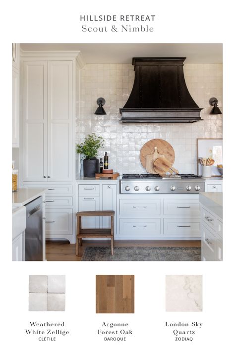 Kitchen Reveal | A Guide to the Hillside Retreat — Scout & Nimble Range Wall No Uppers, Kitchen Hood With Sconces, Wall Sconces Next To Range Hood, Kitchen Range Wall Ideas, Kitchen Sconces Range, Floating Shelves Next To Range Hood, Sconces Next To Range Hood, Cle Tile Kitchen, Kitchen Stove Wall