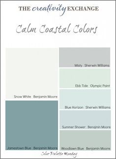 Young House Love Paint Color Picks (Color Palette Monday).. The Creativity Exchange, Woodlawn Blue Benjamin Moore, Calming Paint Colors, Coastal Paint Colors, Coastal Paint, Interior Paint Colors Schemes, Cottage Coastal, Young House Love, Benjamin Moore Colors