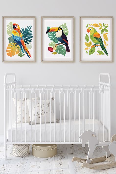 This set of 3 children's wall prints would make a great addition to any child's bedroom or nursery. Each print features a different exotic bird - Macaw, Toucan, and a Parrot - in a cute and colourful style....// #art #wallart #etsy #nurserywallart \\ Bird Bedroom Ideas, Parrot Nursery, Baby Toucan, Bird Bedroom, Nursery Animals, Boy Nursery Themes, Jungle Nursery Decor, Colourful Style, Animal Wall Art Nursery