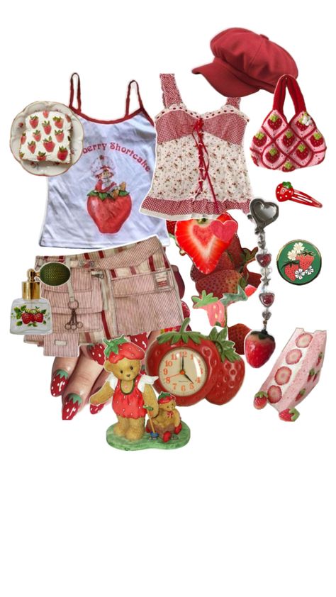 Outfit Ideas Strawberry, Strawberry Fashion Aesthetic, Fruit Outfit Aesthetic, Build Your Own Outfit, Fruitcore Outfits, Strawberrycore Aesthetic Outfits, Fruit Themed Outfits, Strawberry Theme Outfit, Soft Core Clothes