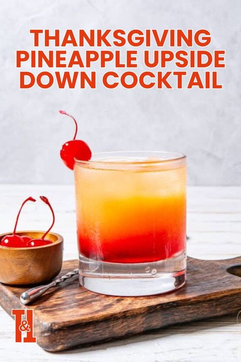 Add a splash of sweetness to your Thanksgiving with a Pineapple Upside Down Cocktail. This Thanksgiving drink is a delightful twist on the classic, combining the flavors of pineapple and a hint of caramel for a festive Thanksgiving cocktail Pineapple Upside Down Cocktail, Pineapple Upside Down Drink, Upside Down Cocktail, Pineapple Upside Down Cake Drink, Vodka And Pineapple Juice, Thanksgiving Cocktail, Cherry Drink, Pineapple Cocktail, Thanksgiving Drinks