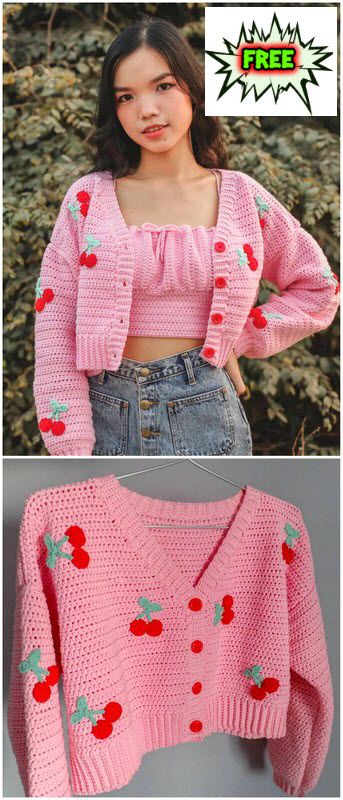 Cherry Cardigan Crochet, Cute Cardigan Crochet Pattern, Free Cropped Cardigan Crochet Pattern, Crop Top Crochet Sweater, Crop Top Cardigan Crochet, Crochet Crop Top Cardigan, Crochet Crop Top Cardigan Pattern Free, 3d Crochet Cardigan, Crochet Strawberry Cardigan Pattern Free