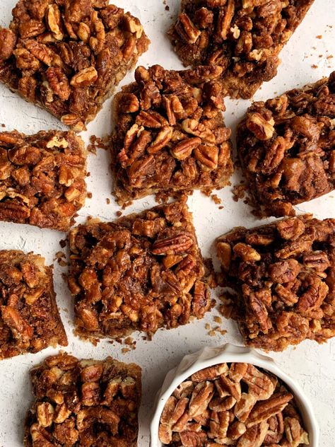 The Best Ever Healthy Pecan Pie Bars (paleo + vegan) | rach L mansfield | Bloglovin’ Healthy Pecan Pie Recipe, Healthy Pecan Pie Bars, Rachel Mansfield, Vegan Pecan Pie Bars, Healthy Pecan Pie, Pecan Pie Ingredients, Pecan Pie Bar, Gluten Free Pecan, Candied Pecan