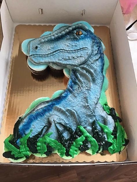 Jurassic Park Pull Apart Cupcakes, Blue Dinosaur Cupcakes, Raptor Cake Dinosaurs, Blue Velociraptor Cake, Pull Apart Dinosaur Cake, Jurassic Park Party Cupcakes, Jurassic Park Cupcake Cake, Jurassic World Sheet Cake, Blue Raptor Cake