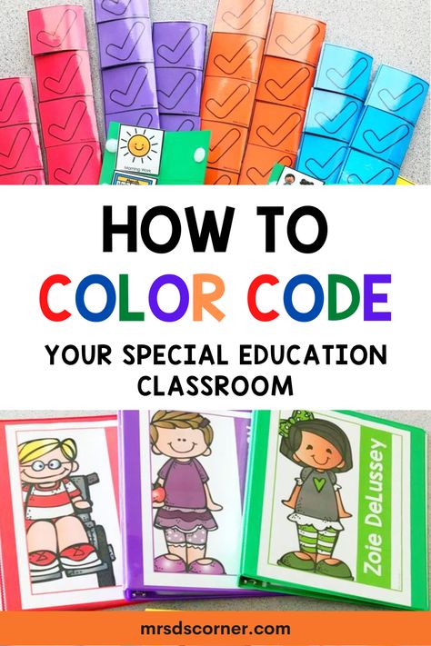 Color coding your special education classroom can be a complete game changer! It can help you organize everything in your special education classroom including student supplies, IEP paperwork and data sheets. It can help you stay organized and help your classroom run smoother. If you are looking to color code your classroom, here is a complete list of things in your classroom to color code and how it can help your classroom stay organized all year long. Learn more here. Ecse Classroom, Special Needs Teaching, Classroom Library Organization, Sorting Colors, Elementary Special Education, First Year Teacher, Student Supplies, Classroom Hacks, Book Bins