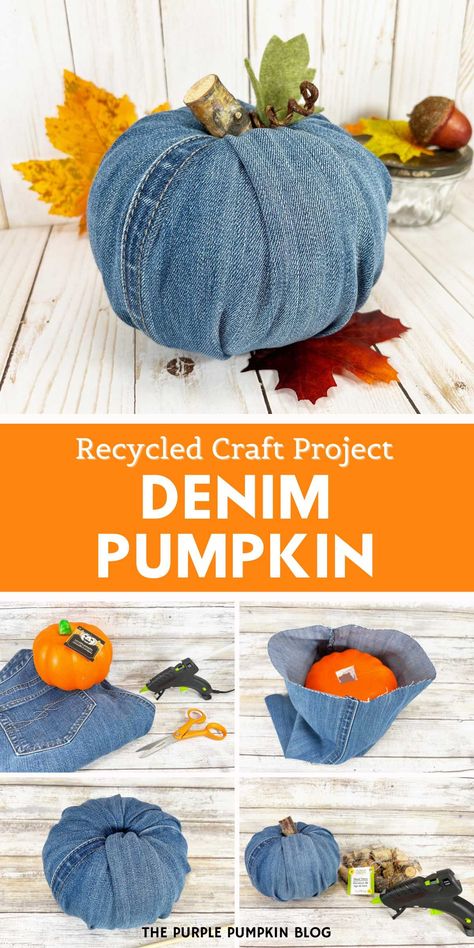 Looking for a unique fall craft? Try making denim covered pumpkins! This DIY denim pumpkin tutorial shows you how to turn old jeans into decor. Click to get the craft tutorial on The Purple Pumpkin Blog. Recycled Denim Jeans For Fall, Diy Sweater Pumpkins No Sew, Twisted Fabric Pumpkin, Frayed Fabric Pumpkin, Rustic Pumpkin Decor, Fabric Pumpkins With Real Stems, Recycle Craft Projects, Recycle Craft, Pumpkin Tutorial