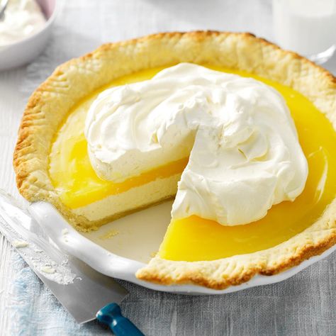 Lemon Supreme Pie Recipe -A friend and I often visit a local restaurant for pie and coffee. When they stopped carrying our favorite, I got busy in the kitchen and created this version, which we think tastes even better! The combination of the cream cheese and tart lemon is wonderful. —Jana Beckman, Wamego, Kansas Lemon Supreme Pie Recipe, Lemon Supreme Pie, Delicious Lemon Desserts, Lemon Pie Recipe, Lemon Cakes, Xmas Desserts, Coconut Dessert, Cake Pie, Brownie Desserts