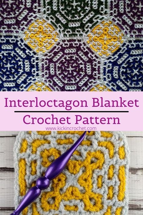 Interloctagon - Octagon Interlocking Crochet Blanket Pattern With Full Video Tutorial Crochet In The Round, Interlocking Crochet, Crochet Mosaic, Crochet Afghan Patterns Free, Crochet Stitches Free, Mosaic Crochet, Blanket Crochet Pattern, Crochet Blanket Pattern, Aran Weight Yarn