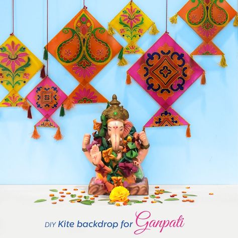 Utrayan Decoration, Kites Decorations Ideas Indian, Kite Backdrop, Kite Decoration Ideas, Kite Decoration, Ganpati Decoration Ideas, Ganpati Decoration Theme, Mandap Decoration, Ganpati Decor