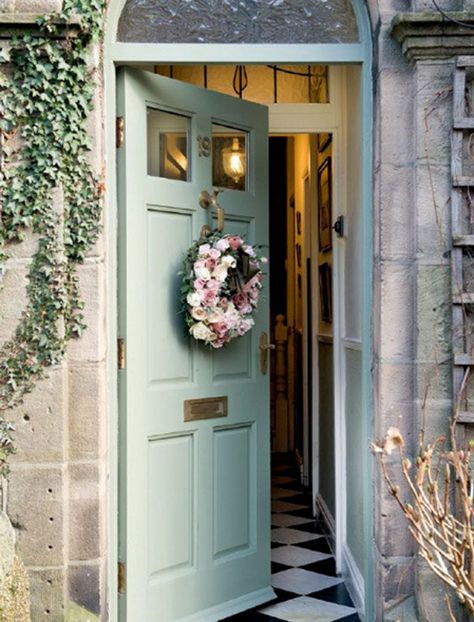 25 Eclectic Front Doors With Pastel Colors Cottage Front Doors, Front Door Inspiration, Green Front Doors, Entryway Flooring, Beautiful Front Doors, Front Entryway, Door Inspiration, Front Door Entrance, Green Door