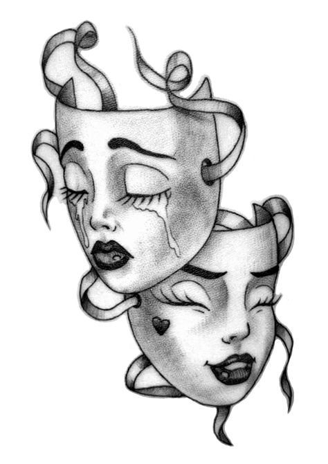 Masked Drawing, Masking Drawing, Actor Tattoos, Double Face Drawing, Teather Masks Tattoo, Mask Tattoo Ideas, Two Faced Drawing, Masks Tattoo Design, Face Mask Tattoo