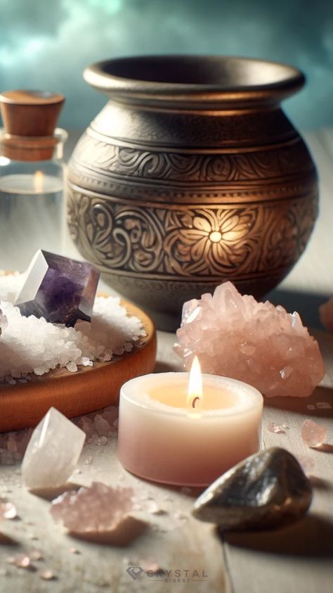 Step into the serene space of a crystal healer with this beautifully composed image. The gentle flame of the candle casts a soft light, enhancing the natural beauty of the crystals, while the jar adds an element of ancient wisdom. This setting is a perfect representation of a crystal healer's sanctuary, where spiritual healing are the essence of the environment. Candle Crystal Aesthetic, Healer Aesthetic Magic, Reiki Healer, Crystal Aesthetic, Witchy Wallpaper, Crystal Healer, Spiritual Crystals, Crystal Magic, The Jar