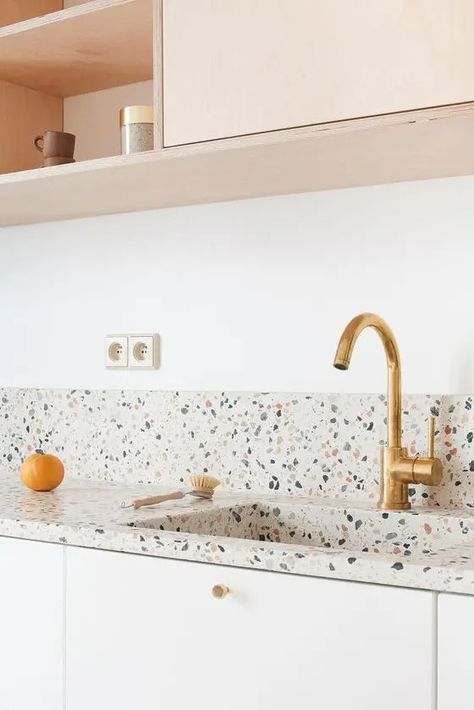 A blonde wood and white kitchen with a bright and fun terrazo countertop and a backsplash is a lovely space Kitchen Terrazzo Countertop, Terrazo Countertop, Terrazzo Kitchen Countertops, Wood And White Kitchen, Terrazzo Backsplash, Kitchen Terrazzo, Terrazzo Countertop, Terrazzo Kitchen, Wood And White