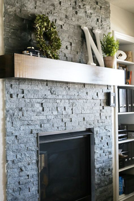 Diy Wood Mantel, Stacked Rock Fireplace, Update A Fireplace, Stone Tile Fireplace, Fireplace Painting, Stacked Stone Fireplace, Painting Brick, Wood Mantle Fireplace, Black Mantle