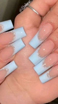 nail art Light Blue Nails French Tip, Sky Blue French Tip 1.5, Sky Blue French Tip Nails, First Day Of School Nails Acrylic, Light Blue French Tip Nails, Light Blue French Tip, Baby Blue French Tip, Graduation Dance, Baby Blue Acrylic Nails