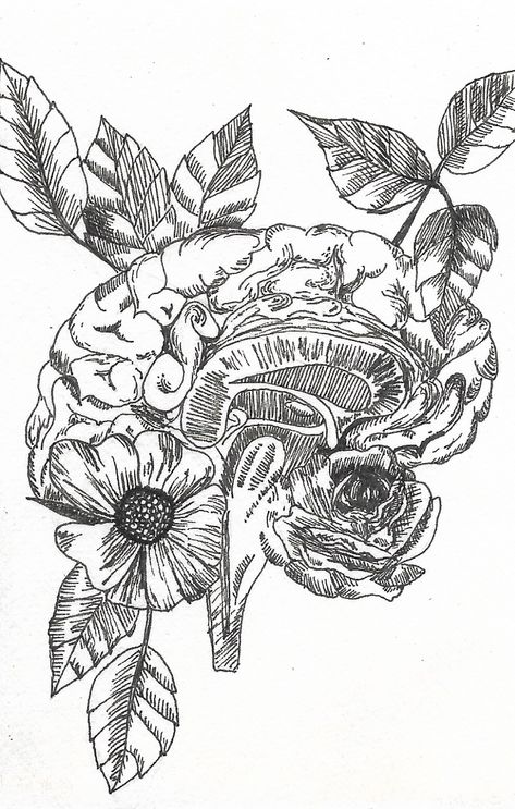 #anatomy #brain #illustration  #bioart #floral #flowers Brain Drawing Flowers, Floral Brain Art, Floral Brain Drawing, Brain Flowers Illustration, Brain And Flowers Art, Scatter Brain Tattoo, Brain Anatomy Tattoo, Brain Drawing With Flowers, Anatomical Brain Tattoo With Flowers