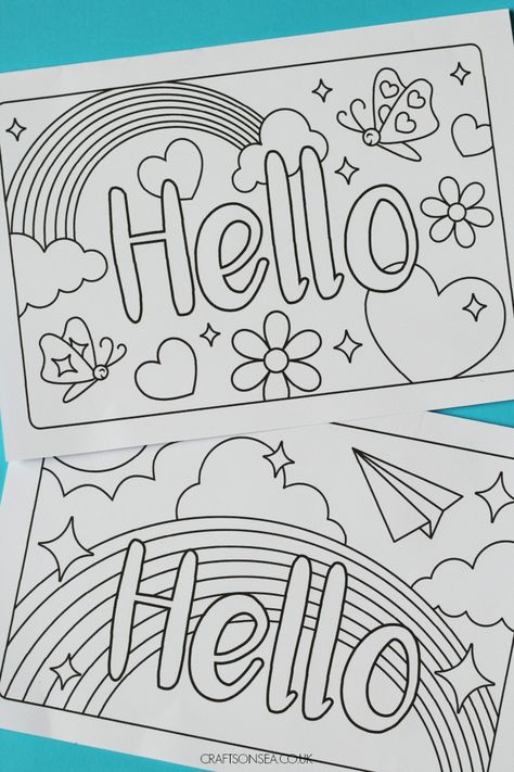 Hello Cards {FREE Printable Greetings Cards for Kids} - Crafts on Sea Hello Cards Diy, Greetings Worksheets For Kids, Greetings Activities For Kids, Free Printable Postcards, Greetings Worksheets, Hello Drawing, Postcards For Kids, Ministering Lds, Cougar Art