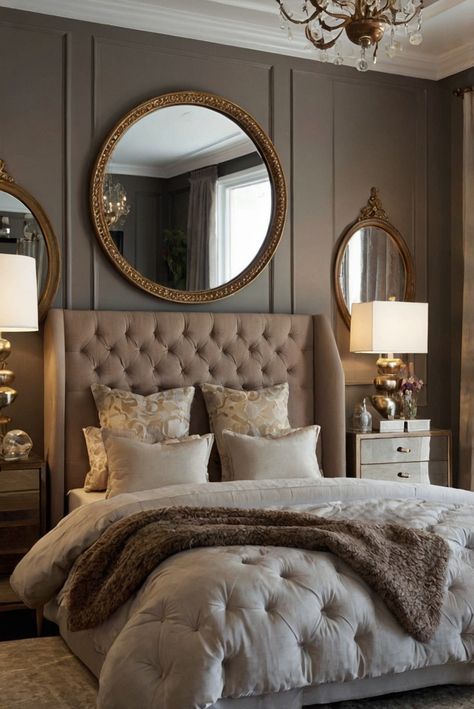 Interior design, bedroom decor, wall paint, home decoration Side Table With Mirror Above, Mirror Wall Bedroom Behind Bed, Round Mirror Over Bed, Mirrors On Each Side Of Bed, Mirror Behind Nightstand Master Bedrooms, Bedroom Ideas With Mirrors, Mirrors Over Bed, Mirrors Behind Bed, Mirror Over Nightstand Bedroom