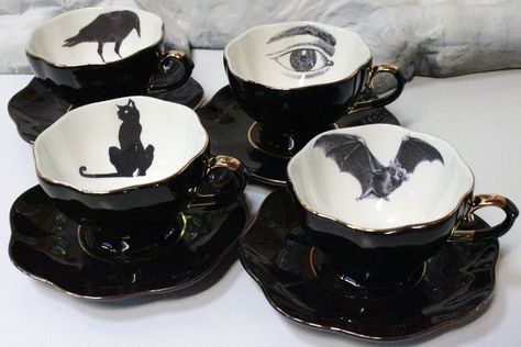 Gothic tea set Goth Coffee Bar, Ghost In The Mirror, Coffee And Tea Bar, Goth Home, Goth Home Decor, Goth Decor, Tea Bar, Gothic Decor, Gothic Home Decor