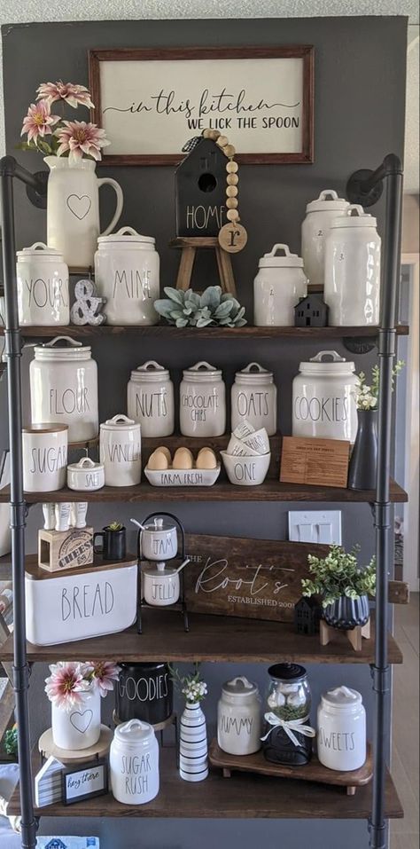 Rae Dunn Kitchen Counter Display, Rae Dunn Coffee Bar Display, Single Wide Remodel Interiors, Modern Farmhouse Hutch, Rae Dunn Hutch Display, Farmhouse Hutch Decor, Single Wide Remodel, Hutch Display, Cookie Display