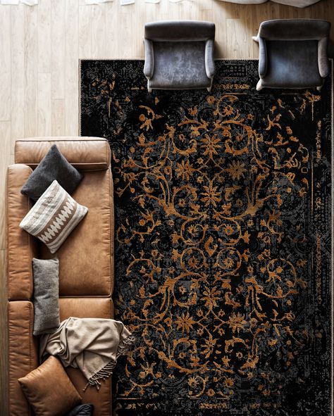 Elevate your home decor with our exquisite Anatolian Rug, a perfect blend of tradition and modern elegance. Handcrafted by skilled artisans, this Oriental rug boasts intricate designs and vibrant patterns that reflect the rich cultural heritage of Anatolia. Key Features ✨ Each rug in our collection is unique and one-of-a-kind, carefully crafted to bring a distinctive touch to your home decor. Embrace the individuality of our designs and discover a rug that truly resonates with your style and spa Black White And Gold Living Room Area Rugs, Black Indoor Decor, Black Vintage Rug, Modern Goth Apartment, Elegant Rug, Black Brown Living Room, Brown And Black Rug, Black And Brown Rug, Emerald Green And Black Living Room