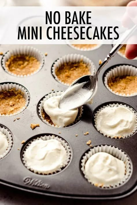 These no bake mini cheesecake bites with crunchy graham cracker crusts are perfect for when you don't want to turn on the oven or just want to whip up quick bites of cheesecake for individual servings. Top with your favorite sauces, curds, jams, fruits, or whipped cream. | no bake mini cheesecake bites recipe | no bake mini strawberry cheesecake bites | mini desserts easy no bake cheesecake bites | mini cheesecake bites recipes | mini cheesecake bites easy | mini cheesecake bites no bake No Bake Mini Cheesecake, No Bake Cheesecake Bites, Mini No Bake Cheesecake, Small Cheesecakes, Mini Strawberry Cheesecake, Mini Cheesecake Bites, Mini Cheesecakes Easy, Individual Cheesecakes, Strawberry Cheesecake Bites