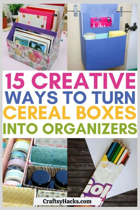 15 Ways to Turn Cereal Boxes into Organizers - Craftsy Hacks Cheap Art Projects, Cereal Box Organizer, Diy Desk Organizer, Cheap Organization, Diy Organizer, Desk Organization Diy, Makeup Organization Diy, Cereal Boxes, Decorative Storage Boxes