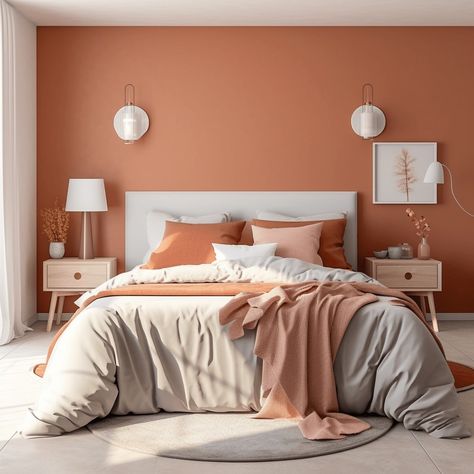 Bedroom Paint Idea, Terracotta Bedroom Decor, Terra Cotta Bedroom, Green And Terracotta Bedroom, Bedroom Terracotta, Terracotta Bedroom Ideas, Orange Bedroom Walls, Terracotta House, Terracotta Bedroom