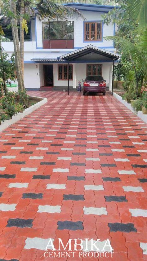 Unipaver Block :: Clean, open and simple entrance. 😍  For any inquiries, call +91-8866993300  #AmbikaCementProduct #PaverBlock #Surat #Gujarat Entrance Tiles Outdoor, Flooring For Outside Patio, Parking Block Ideas, Block Tiles Design, Interlocking Paver Block Design, Interlocking Bricks Design House, Paving Block Design, Paver Block Design, Driveway Pavers Design