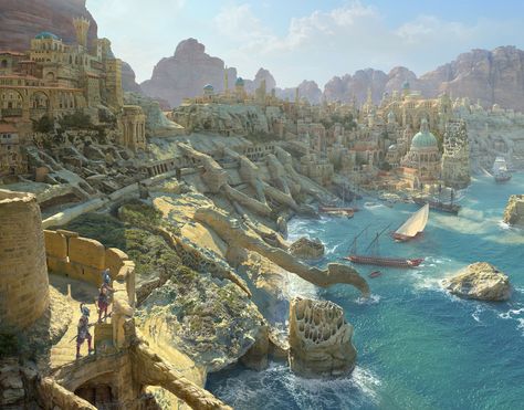 ArtStation - Enidka Project, Matte Art, Sasha Beliaev Location Inspiration, Port City, Fantasy City, Fantasy Setting, Fantasy Places, Matte Painting, Landscape Scenery, Fantasy Art Landscapes, Fantasy Concept Art