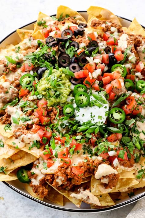 Loaded Ground Beef Nachos - Carlsbad Cravings Ground Beef For Nachos Recipes, Ground Beef Nachos, Loaded Nachos Recipe, Homemade Nacho Cheese Sauce, Nachos Cheese Recipe, Nachos Recipe Beef, Nacho Recipes, Recipe Ground Beef, Nachos Supreme