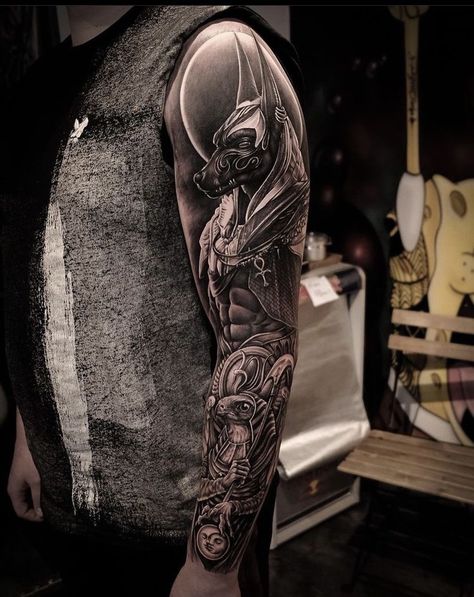 Anubis Tattoo Sleeve Arm, Anubis Tattoo With Scale, Egyptian Tattoo Sleeve Men Arm, Ancient Egypt Tattoo Sleeve, Anubis Sleeve Tattoo, Amun Ra Tattoo, Anubis Tattoo Men Ideas, Egyptian Tattoo Designs Men, Egyptian Sleeve Tattoo