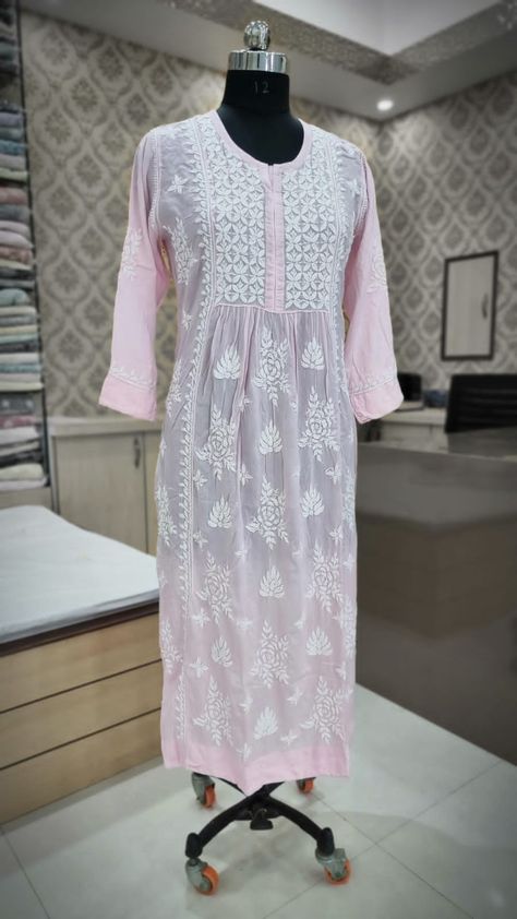 Modal Long Lucknowi Chikankari Kurti | ₹ 2700 | FREE Shipping | Eatsapp 9004688543 Transparent Kurti, Lucknowi Chikankari Kurti, Chikankari Kurti, Long Kurtis, Lucknowi Chikankari, Soothing Colors, Beautiful Summer, Ethnic Wear, Indian Wear