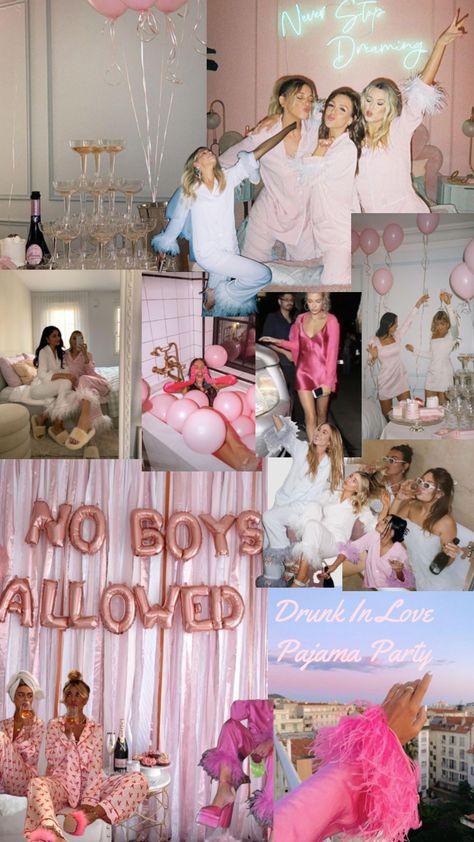 Bachelorette Pajamas Party, Bach Pajama Party, Pink Bachelorette Party Aesthetic, Posh Bachelorette Party, Hen Do Pj Party, Hen Party Sleepover, Bridal Shower Ideas Pink And White, Bachelorette Pjs And Prosecco, Pink Sparkly Bachelorette Party