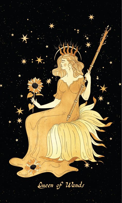 Queen of Wands - Cocorrina Queen Of Cups Aesthetic, Queen Of Wands Aesthetic, Queen Of Wands Tattoo, Wands Aesthetic, Tarot Queen Of Wands, Tarot Wallpapers, Cosmic Decor, Queen Of Wands Tarot, The Queen Of Wands