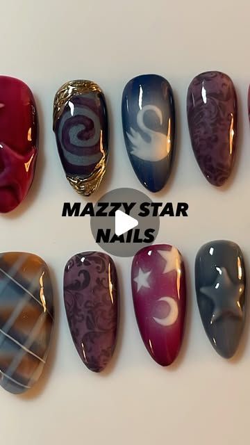 elle on Instagram: "Mazzy Star 🔮🦢⭐️  #mazzystar  #mazzystarnails #swannails #starnails #chromenailart  #plaidnails  #fallnails #autumnnails" Mazzy Star Nails, Moon Star Nails, Whimsical Nails, 90s Nails, Star Nail, Chrome Nail Art, Plaid Nails, Mazzy Star, Star Nails