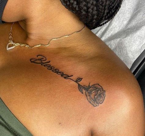 Black Female Chest Tattoo Ideas, Cute Fem Tattoos, Begginer Tattoo Designs For Women, Girl Chest Tattoo Ideas, Chest Tattoo Female Upper Words, Cute Shoulder Tattoos For Black Women, Theigh Tattoos, Tattoo Designs Floral, Tattoo Designs Watercolor