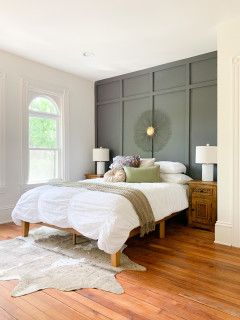 Transitional Bedroom, Lampshade Designs, Flush Mount Chandelier, Wood Accent Wall, Bedroom Accent, Accent Wall Bedroom, Farmhouse Bedroom, Low Ceiling, Semi Flush Mount